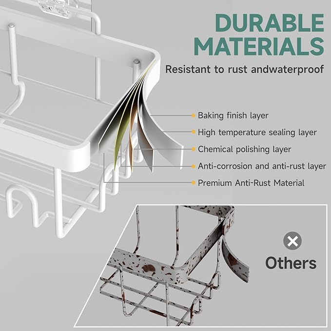 Veken Adhesive Shower Caddy 5-Pack,Heavy Weight Bearing,Large Wall Mounted Shower Shelves Rack,Organizer Storage Accessories with Soap Dish&Toothbrush Holder,Ideal for Bathroom,Home&Kitchen,White