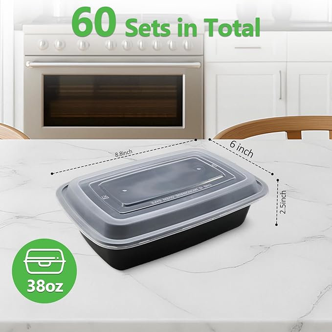 EASYTRIP 60 Pack Meal Prep Containers, 38 oz Food Storage with Lids, Stackable Reusable Bento Boxes, BPA-free, Microwave Dishwasher Freezer Safe