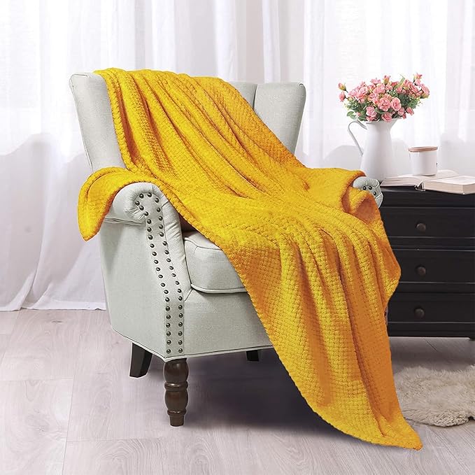 Exclusivo Mezcla Fleece Throw Blanket Extra Large, Super Soft and Warm Blankets for Couch, Sofa and Bed Waffle Textured, Cozy, Fuzzy and Lightweight (Mustard Yellow, 50x70 Inches)