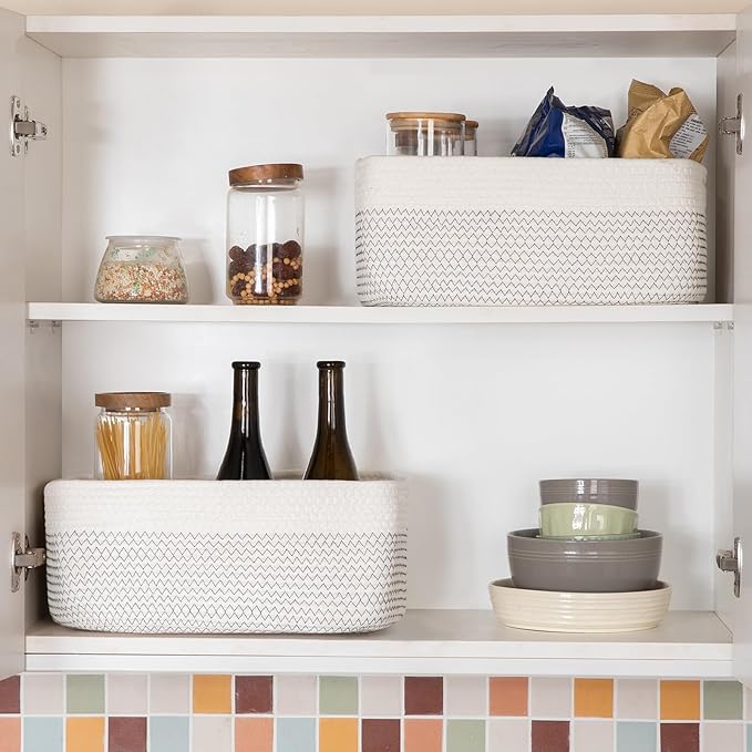 OIASKET Storage Baskets for Organizing 3 Pack, Woven Baskets for Shelves, Closet Organizer Bins Empty Gift Basket Toy Storage for Toys, Books, Towels, Clothes, 15"x11.42"x6.7", White & Black