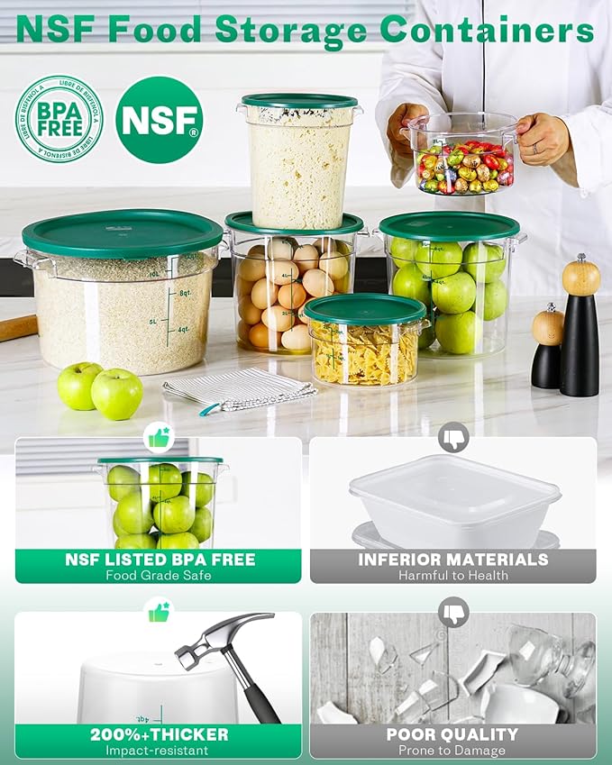 6QT NSF Round Food Storage Containers with Lids: 4 PCS [Total Food Grade][Hot&Cold Resistant] Dough Proofing Container for Pizza, Bread with Measuring Spoons Included(BPA FREE) (GREEN)