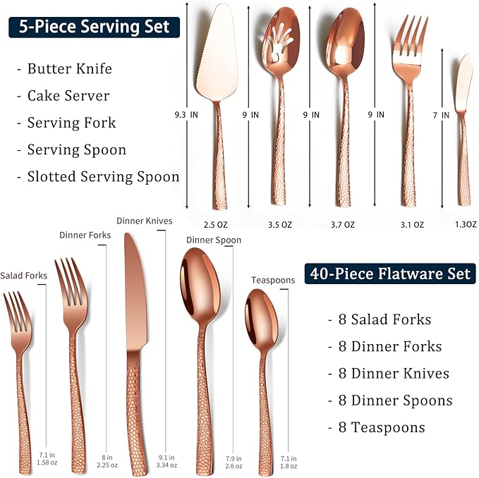 45-Piece Silverware Set with Serving Utensils Set, Rose Gold Hammered Stainless Steel Flatware for 8, Food-Grade Tableware, Including Fork, Knife, Spoon Set, Home Kitchen Cutlery, Dishwasher Safe