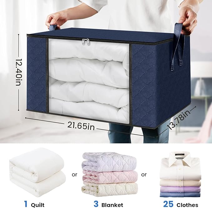 Fab totes Storage Bags,Clothes Blanket Storage Bins Foldable Closet Organizers with Reinforced Handle for Home Dorm Storage and Organization,Fabric Bags for Organizing Sheets,Clothing (Blue,3 Pack)