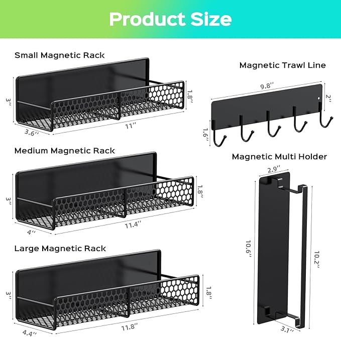 5-Pack Magnetic Shelves for Laundry Room Organization, Strong Hold Refrigerator & Washing Machine Shelves, Includes Spice Rack, Hanger Organizer Stacker & Utensil Hooks, No Drill Installation