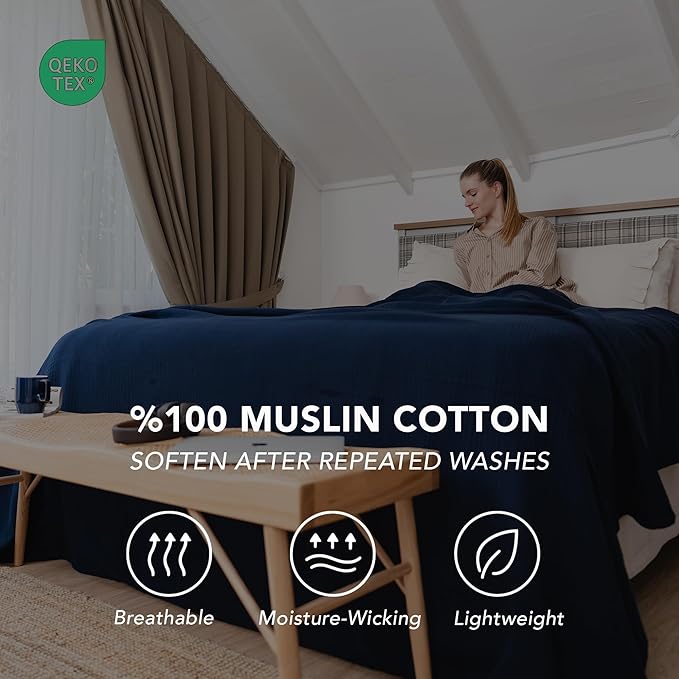 Goqan Muslin Blanket King Size 90x108 – 100% Turkish Cotton 4 Layer Boho Muslin Blanket for Adults, Four Season, Lightweight and Thin, Soft, Breathable for Bed, Couch - Navy
