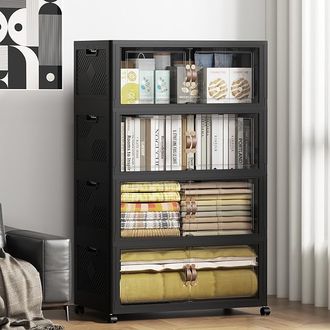 SAILUN 660QT Stackable Storage Bins with Lid, Collapsible Storage Bins With Doors and Wheels, Folding Plastic Cabinet Containers for Home Kitchen Closet Organization, 4 Pack