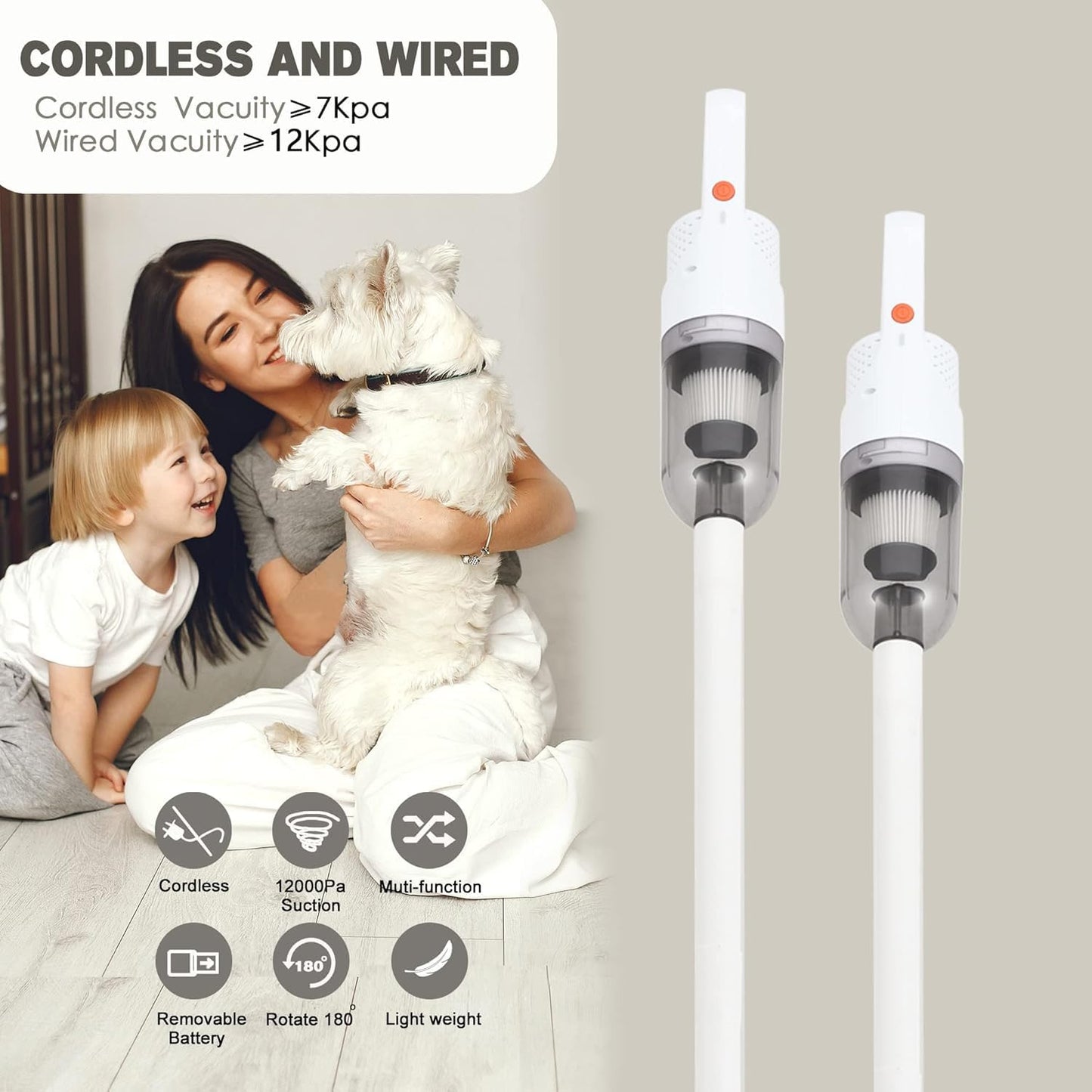 6-in-1 Lightweight Stick Vacuum Cleaner with 100W Powerful Motor, Mini Portable Household Handheld Vacuum Cleaner for Domestic Hard Floors, Carpets and Pet Hair (White Cordless with Plug)