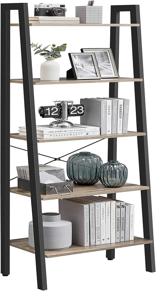 VASAGLE Ladder Shelf, 5-Tier Bookshelf, Storage Rack, Bookcase with Steel Frame, for Living Room, Home Office, Kitchen, Bedroom, Industrial Style, Camel Brown and Ink Black ULLS045B50