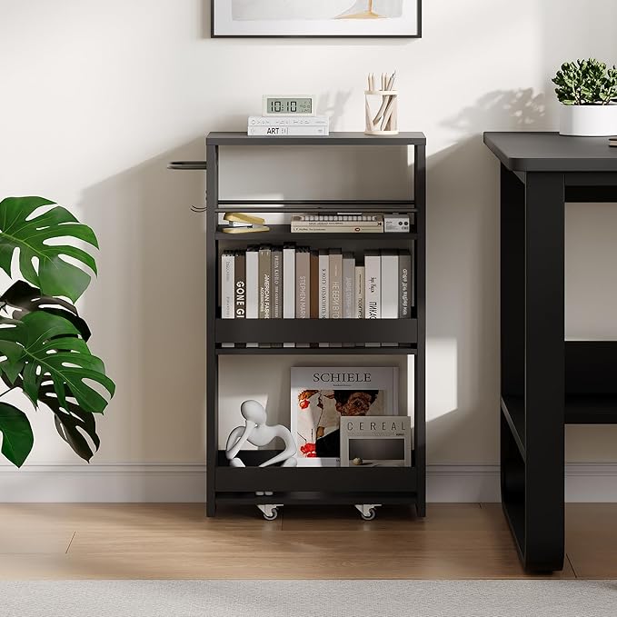 ChooChoo 4-Tier Slim Storage Cart with Handle, 7.87" W Rolling Utility Cart on Universal Wheels, Kitchen Cart Mobile Shelving Organization for Laundry Room, Bathroom & Narrow Places, Black