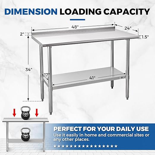 Profeeshaw Stainless Steel Prep Table NSF Commercial Work Table with Backsplash and Undershelf for Kitchen Restaurant 48x24 Inch