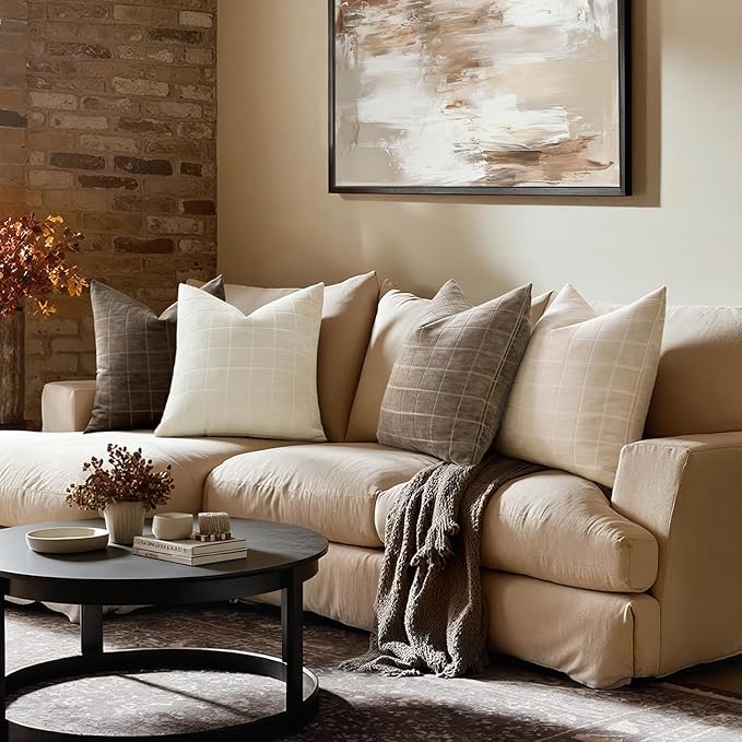 MIULEE Decorative Chenille Check Throw Pillow Covers Vintage Plaid Couch Pillows 20x20 Inch Set of 2 Neutral Boho Farmhouse Cushion Covers Modern Spring Home Decor for Sofa Bed Living Room Taupe Grey