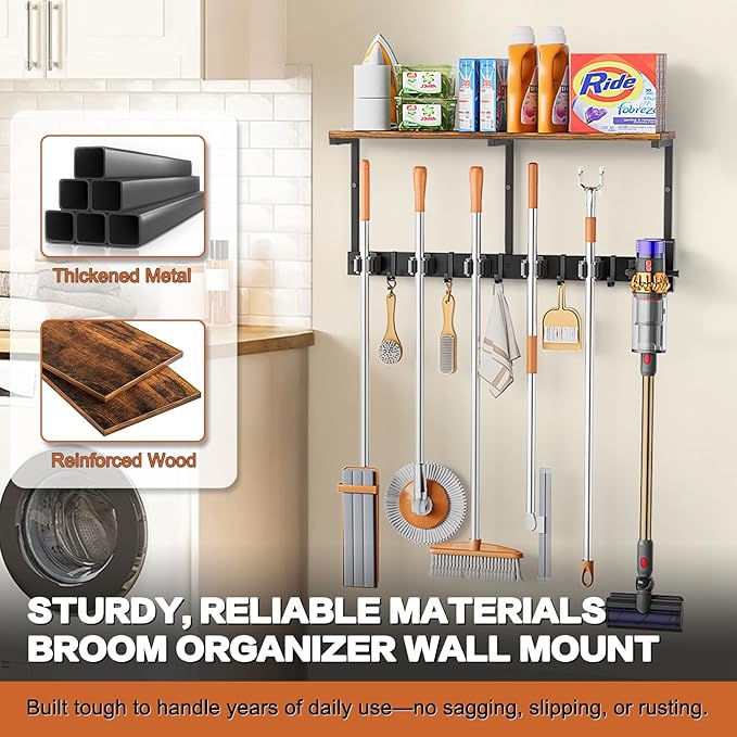 Broom Holder Wall Mount with Cleaning Supplies Organizer, Laundry Room Organization and Storage Shelves with Mop Hanger Rack Gripper Hooks, Utility Shelf Closet Organizer for Home Garage Kitchen