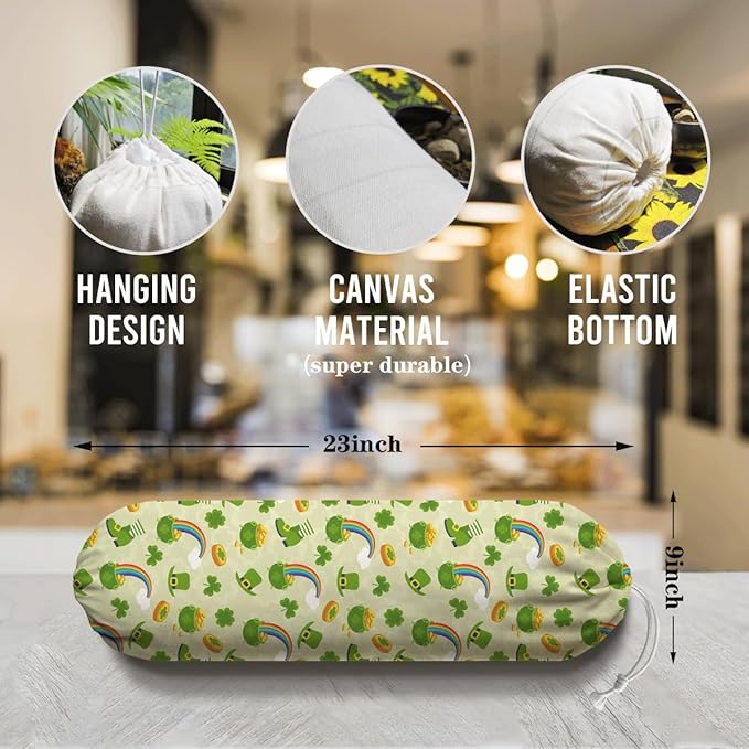 Plastic Bag Holder, Wall Mount Grocery Sack Organizer Dispenser, Washable Cotton-Linen Storage with Hanging Loop, St. Patrick’s Day Lucky Clover & Rainbow Theme, Fun Irish Decor for Kitchen