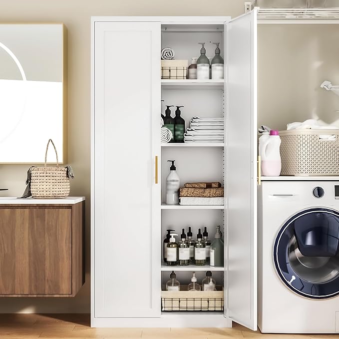 Kitchen Pantry Cabinet,71” Metal Tall Pantry Storage Cabinet with Doors and 4 Adjustable Shelves,Kitchen Storage Cabinets White Freestanding Food Cabinet for Pantries, Kitchen, Livingroom, Dining Room