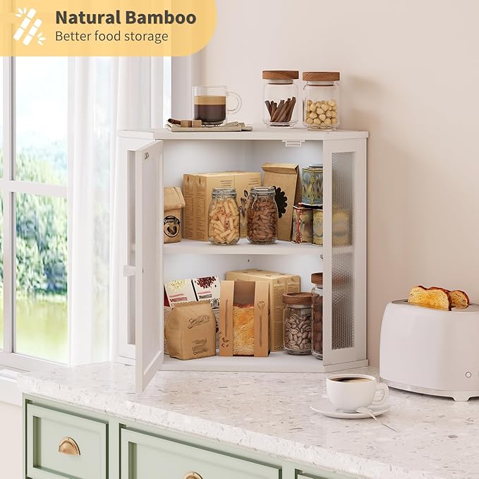 Corner Bread Box for Kitchen Countertop,Bread Storage for Homemade Bread, Double Layer Large Bamboo Kitchen Storage Bin with Window (White, Large)