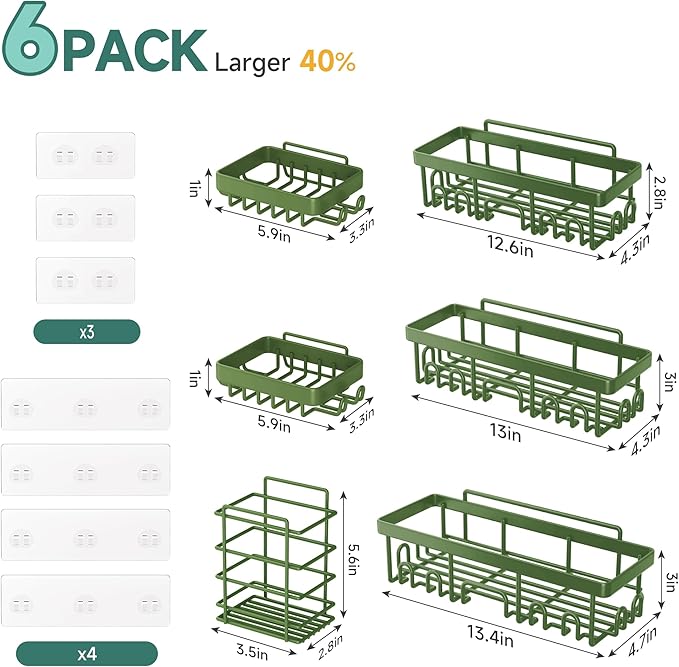 Veken Rustproof & Waterproof Shower Caddy 6-Pack, No Drilling Adhesive Shelves Rack with Soap Holder, Large Capacity Bathroom Organizers and Storage, Wall-Mounted Kitchen & Home Decor, Green