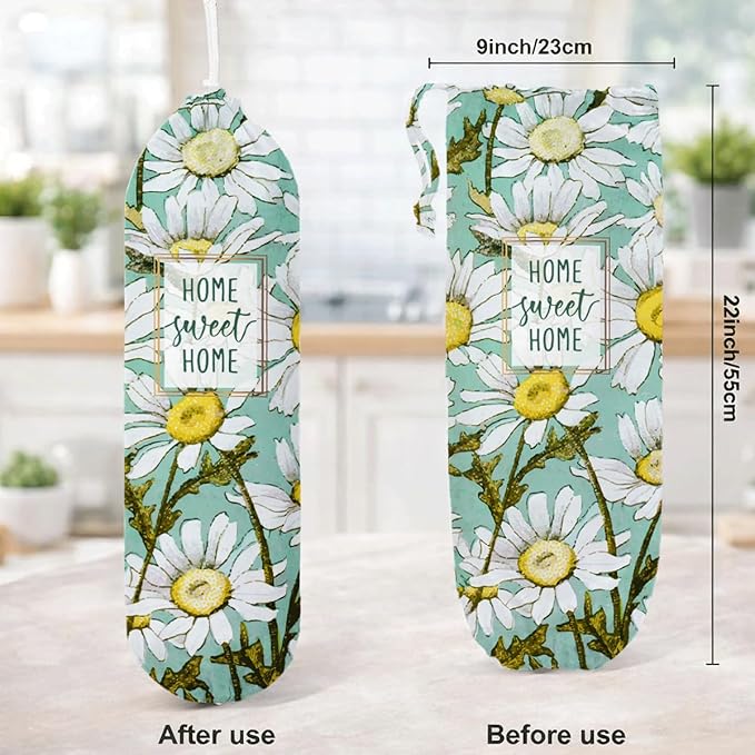 Daisy Plastic Bag Holder, Home Sweet Home Plastic Bag Holder, Bags Holders for Plastics Bags Groceries Store, Floral Reusable Grocery Sack Storage Dispenser for Kitchen Decor