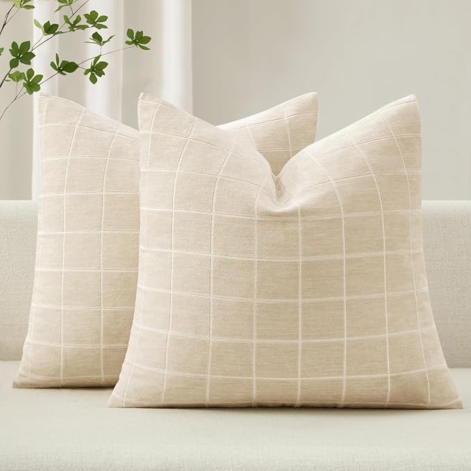 MIULEE Decorative Chenille Check Throw Pillow Covers Vintage Plaid Couch Pillows 20x20 Inch Set of 2 Neutral Boho Farmhouse Cushion Covers Modern Spring Home Decor for Sofa Bed Living Room Beige
