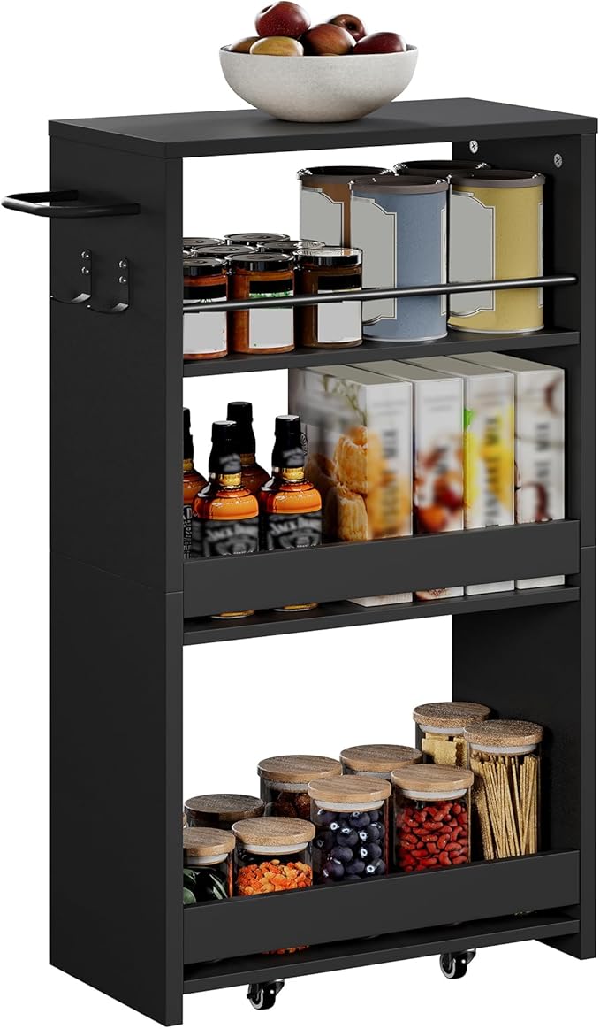 ChooChoo 4-Tier Slim Storage Cart with Handle, 7.87" W Rolling Utility Cart on Universal Wheels, Kitchen Cart Mobile Shelving Organization for Laundry Room, Bathroom & Narrow Places, Black