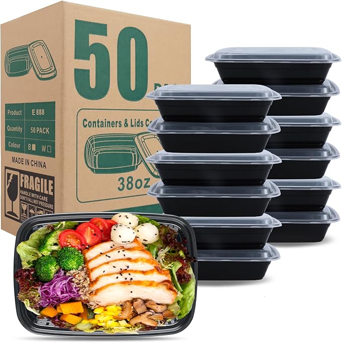 50 Pack (100-Piece) 38oz Meal Prep Containers Black Rectangle,Reusable and Sturdy, Leakproof Food Safe Design, Disposable Takeout Lunch Boxes, BPA-Free, Freezer and Dishwasher Safe