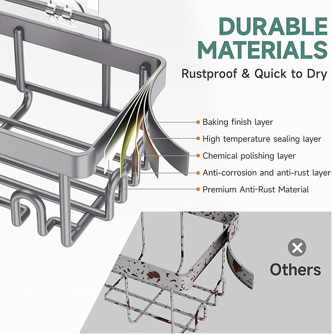 Veken Adhesive Shower Caddy 5-Pack,Heavy Weight Bearing,Large Wall Mounted Shower Shelves Rack,Organizer Storage Accessories with Soap Dish&Toothbrush Holder,Ideal for Bathroom,Home&Kitchen,Light Grey