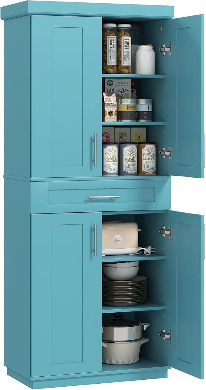 HOMCOM 72" Kitchen Pantry Cabinet, Freestanding Tall Storage Cabinet with 4 Doors, Drawer and 3 Adjustable Shelves for Dining Room, Turquoise