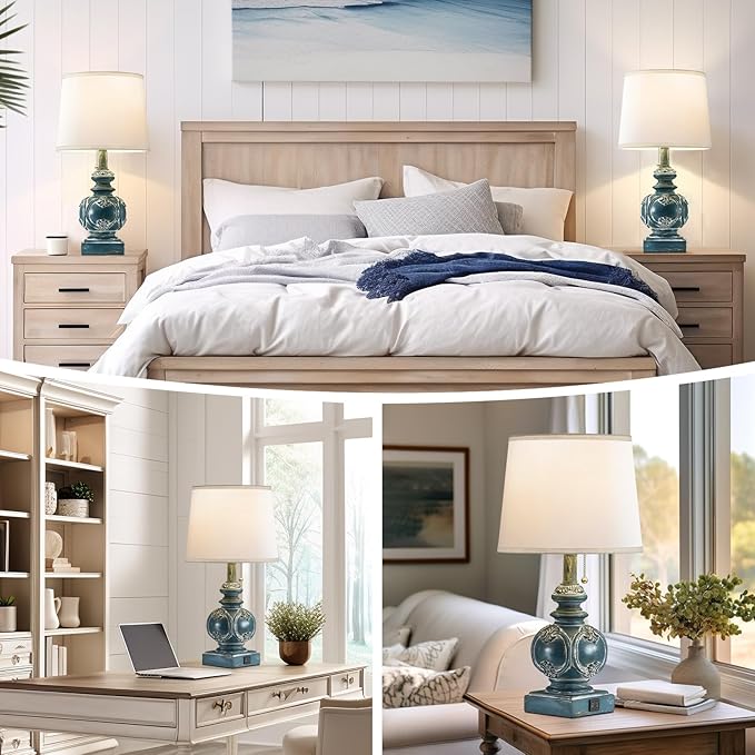 20.75" Farmhouse Table Lamps for Bedroom Set of 2, Rustic Bedside Lamps with 2 USB Port, Retro side table lamp Antique Nightstand Lamp for Living Room End Table Office Country, Traditional Washed Blue
