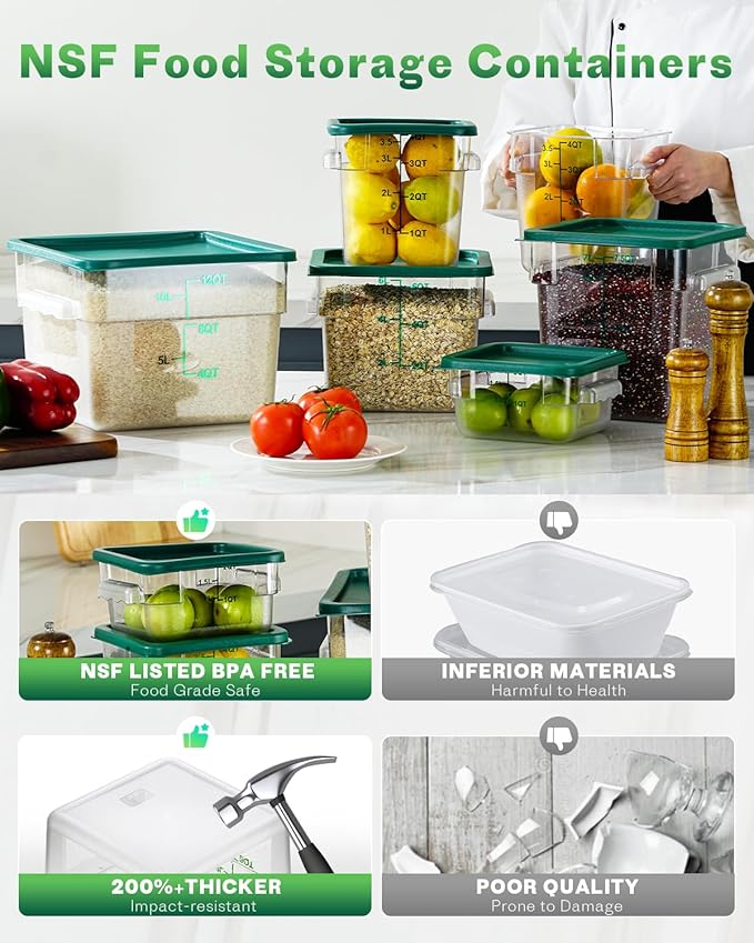 2QT NSF Food Storage Containers: 6 PCS [Food Grade][Hot&Cold Resistant] Commercial Clear Square Food Storage Containers with Scales Handles for Home Restaurant Kitchen Proof Dough(BPA FREE-GREEN N2)