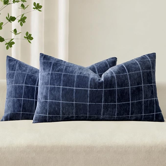MIULEE Decorative Chenille Check Lumbar Throw Pillow Covers Vintage Plaid Couch Pillows 12x20 Inch Set of 2 Neutral Boho Cushion Covers Modern Home Coastal Decor for Sofa Bed Living Room Navy Blue