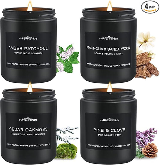 Scented Candle Set, Men Candle Set, Scented Candles for Home, Gifts for Men, 28 oz 200 Hour Burn Time,4 Pack Manly Gifts Soy Candles of Cedar Oakmoss/Pine&Clove/Patchouli/Sandal Wood
