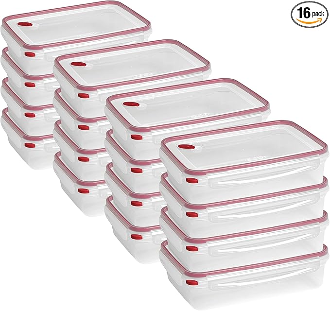 Sterilite Ultra-Seal 16 Cup Rectangle, Airtight Food Storage Container, Latching Lid, Microwave and Dishwasher Safe, Clear With Blue Gasket, 16-Pack