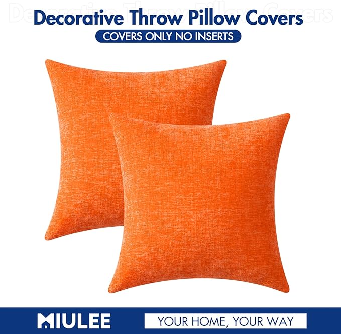 MIULEE Pack of 2 Bright Orange Throw Pillow Covers 16x16 Inch Soft Chenille Pillow Covers for Sofa Living Room Couch Solid Dyed Cases