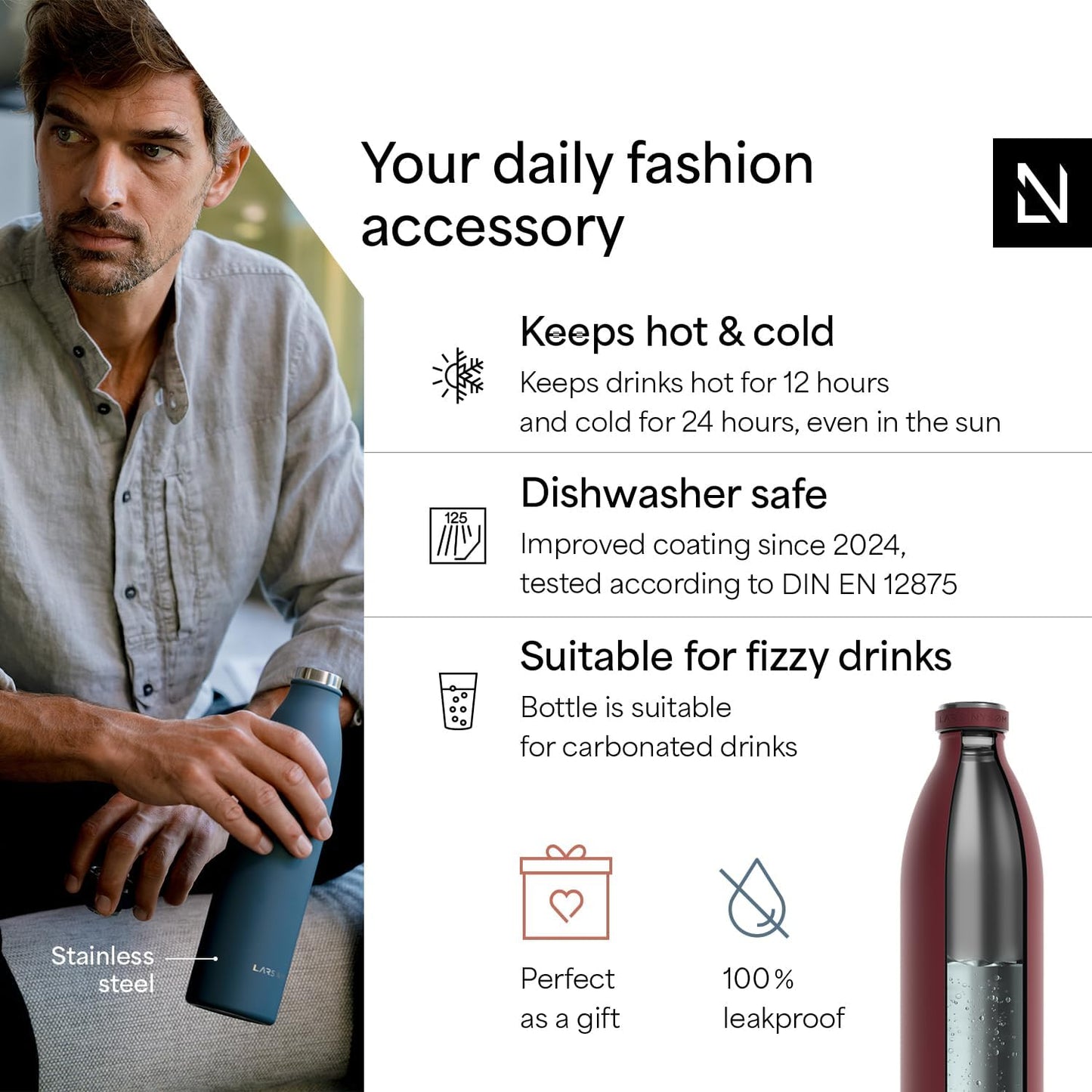 LARS NYSØM Stainless Steel Insulated XL Water Bottle 12oz 17oz 25oz 34oz 51oz | Insulated Thermo Flask for Hot and Cold Beverages | Leakproof Drinking Bottle (Berry Red, 50.7 oz)