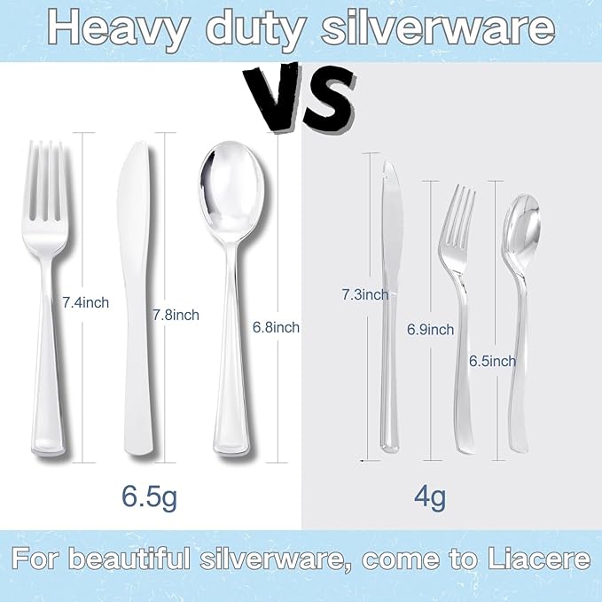 Liacere 100 Pack Silver Plastic Silverware-Pre Wrapped cutlery and Napkin-Pre Rolled Silverware Disposable 100 Forks, 100 Knives 100 Spoons, 100 Napkins Plastic Utensils＆Christmas＆New Year