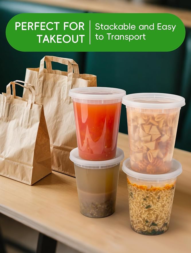 50 Pack 32 oz Plastic Food Containers with Lids BPA Free Stackable Leakproof Deli Containers for Meal Prep Slime Soup Microwave Freezer Dishwasher Safe