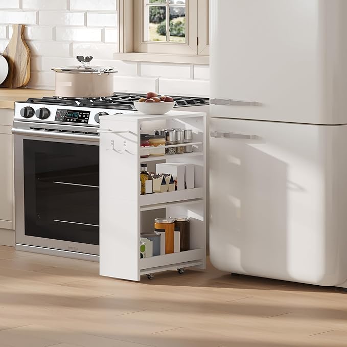 ChooChoo 4-Tier Slim Storage Cart with Handle, 7.87" W Rolling Utility Cart on Universal Wheels, Kitchen Cart Mobile Shelving Organization for Laundry Room, Bathroom & Narrow Places, White