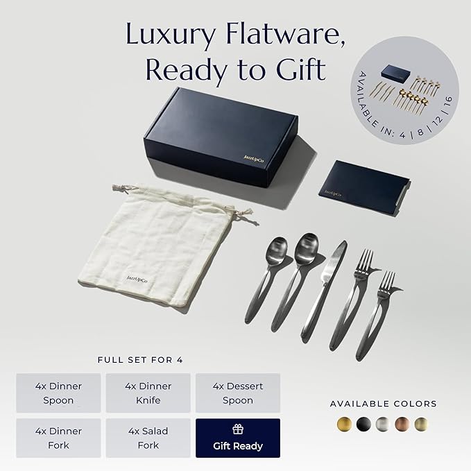 JazzUpCo Ava Flatware Flatware non toxic 18/10 stainless steel dishwasher safe (Matte Silver, 16 Person Set (80 Pieces))