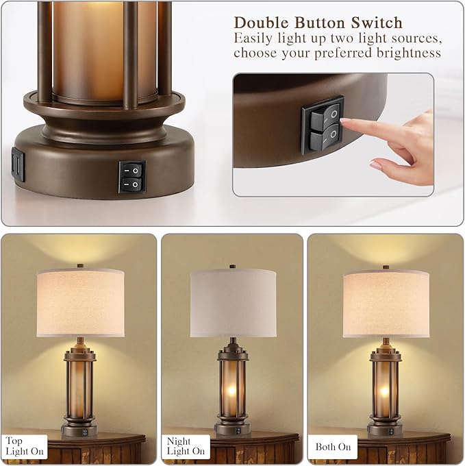 AIEAMPDO Set of 2 Farmhouse Table Lamps for Living Room, Rustic Vintage Bedside Lamps with 2 USB Ports, Bedroom Nightstand Lamp with Amber Glass Nightlight for End Table Entryway, 4 Bulbs Includes