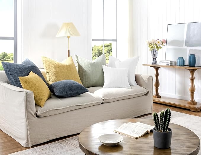 COCOPLOCEUS Off White Pillow Covers 18x18 Throw Pillow Covers Set of 2 Boho Decorative Pillow Shams Stone Washed Cotton Pillowcase for Couch Sofa Chair Bed Car