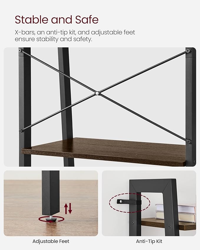 VASAGLE Ladder Shelf, 4-Tier Bookshelf, Storage Rack, Bookcase with Steel Frame, for Living Room, Home Office, Kitchen, Bedroom, Industrial Style, Hickory Brown and Ink Black ULLS44BF