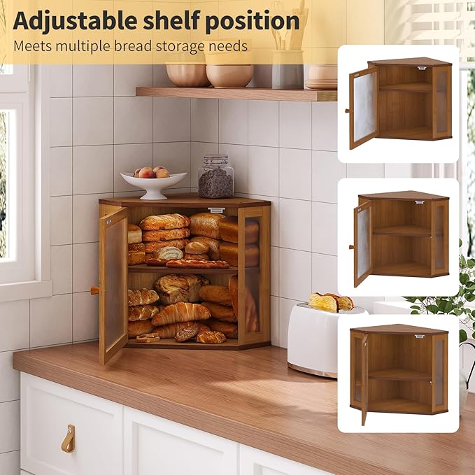 Corner Bread Box for Kitchen Countertop,Bread Storage for Homemade Bread, Double Layer Large Bamboo Kitchen Storage Bin with Window (Brown, Medium)