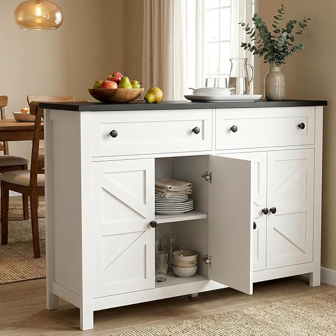 Farmhouse Kitchen Cabinet with Drawers, Rustic Sideboard Buffet Cabinet with Shelves and 4 Doors, Coffee Bar Cabinet, Storage Cabinet for Entryway Living Room Kitchen,White