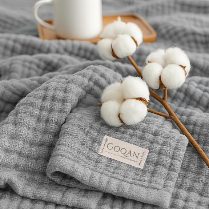 Goqan Muslin Blanket King Size 90x108 – 100% Turkish Cotton 4 Layer Boho Muslin Blanket for Adults, Four Season, Lightweight and Thin, Soft, Breathable for Bed, Couch - Light Grey