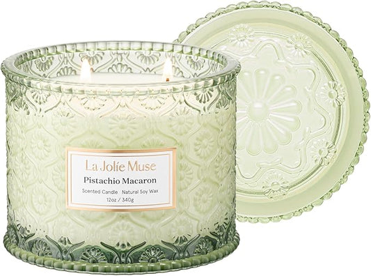 LA JOLIE MUSE Pistachio Macaron Candle | Pistachio, Milk & Vanilla | 12 oz Double Wick Soy Candle | Natural Soy Wax | 60 Hours Clean Burn | Holiday Gift for Dessert Lovers | Seasonal Home Décor
