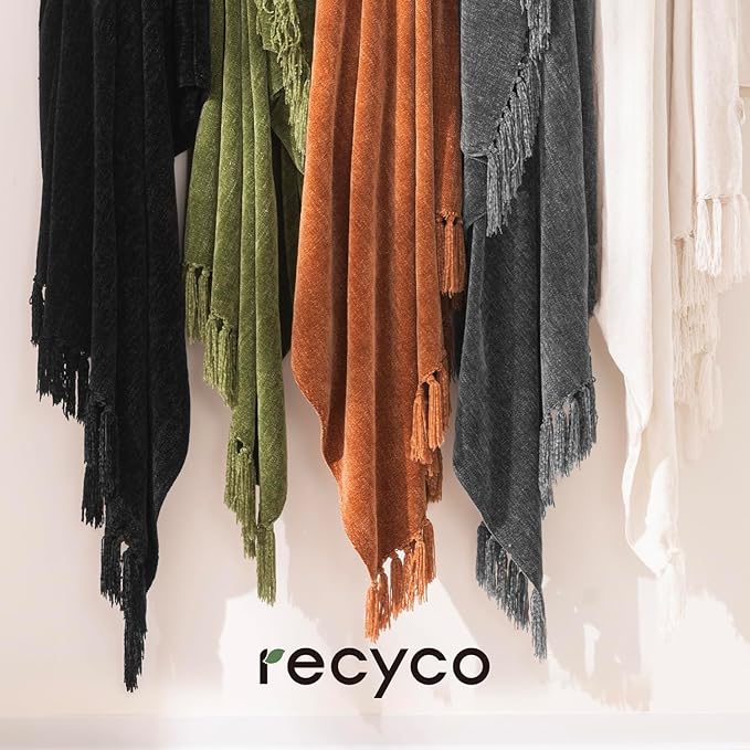 RECYCO Throw Blanket Soft Cozy Chenille Throw Blanket with Fringe Tassel for Couch Sofa Chair Bed Living Room Gift (Dark Gray, 60" x 80")