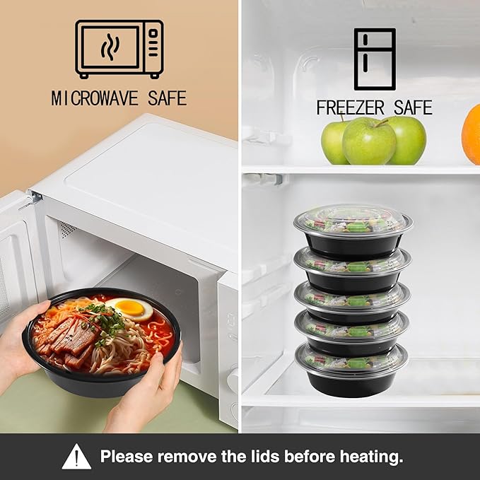 24oz Round Meal Prep Containers with Lids,50-Pack (100 Pcs) Black Disposable Food Storage,Bento Boxes,Stackable,Leak-Proof, BPA-Free,Microwave and Dishwasher Safe