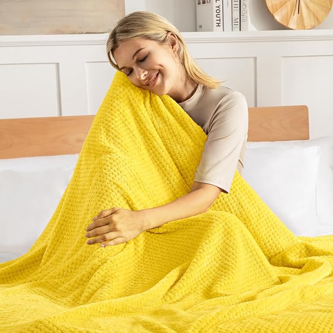 Exclusivo Mezcla Fleece Bed Blanket Queen Size, Super Soft and Warm Blankets for Couch, Sofa and Bed Waffle Textured, Cozy, Fuzzy and Lightweight (Vibrant Yellow, 90x90 Inches)