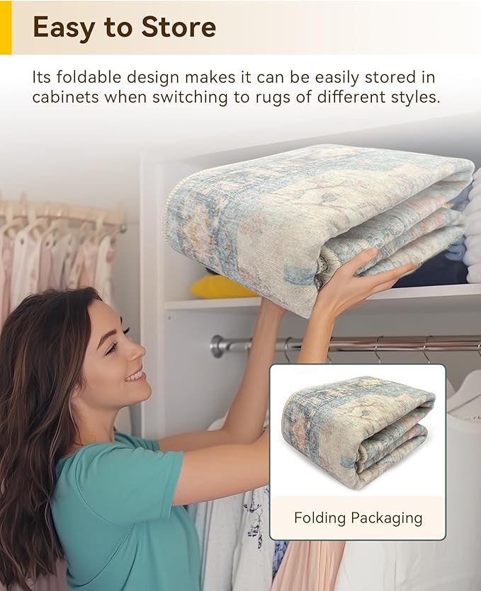 RELEANY Area Rugs Round 8ft Washable Non-Slip, Floral Vintage Distress Print Pattern Medallion Carpet for Living Room Bedroom Dining Room, Blue Orange Red