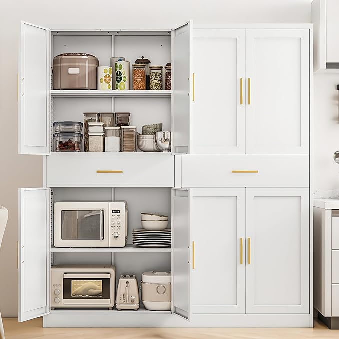 Kitchen Pantry Cabinet,71” Metal Tall Pantry Storage Cabinet with Doors 2 Adjustable Shelves and a Drawer,Kitchen Storage Cabinets White Freestanding Food Cabinet for Pantries, Kitchen, Dining Room