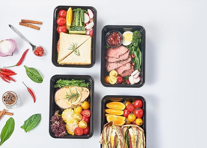 FULING 32 oz 50Pack Plastic Meal Prep Food Storage Containers with Lids Reusable 1 Compartment To Go Lunch Box Black Extra Large &Thick Microwave Freezer Dishwasher Safe BPA Free Stackable